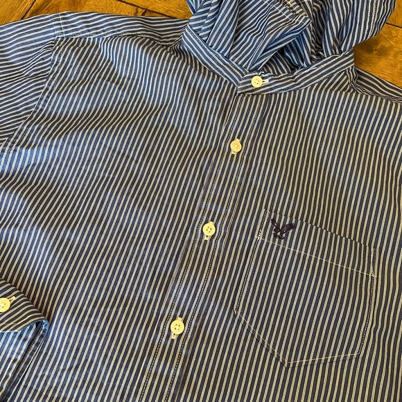 Woman’s Up-Cycled Ruffle Collar Blue Striped Button-Down Shirt with Pocket - Picture 4 of 9